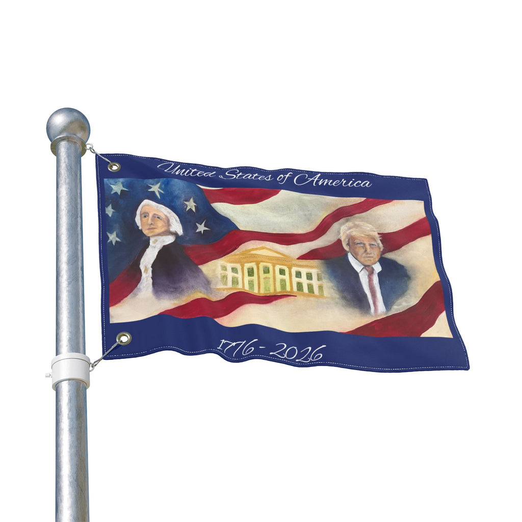 Patriotic Double-Sided Flag — George Washington & Donald Trump with White House