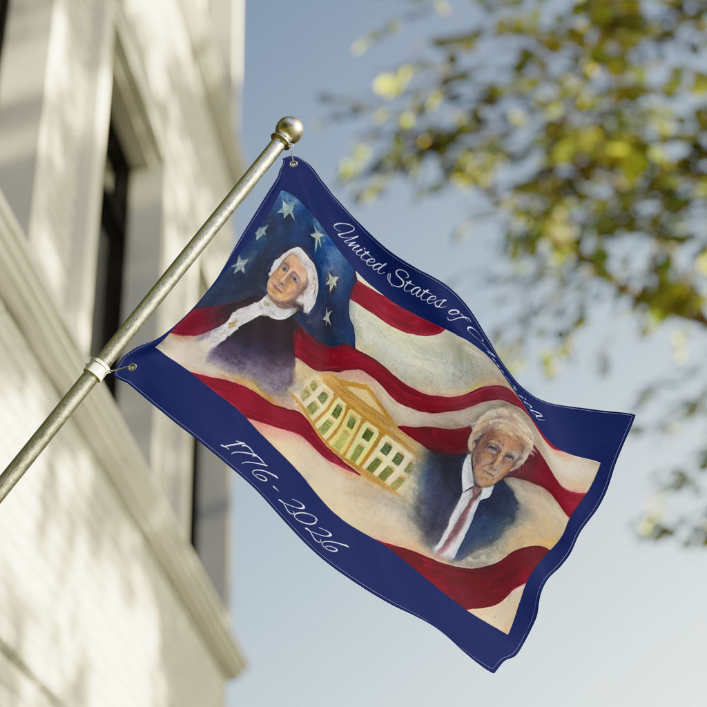 Patriotic Double-Sided Flag — George Washington & Donald Trump with White House