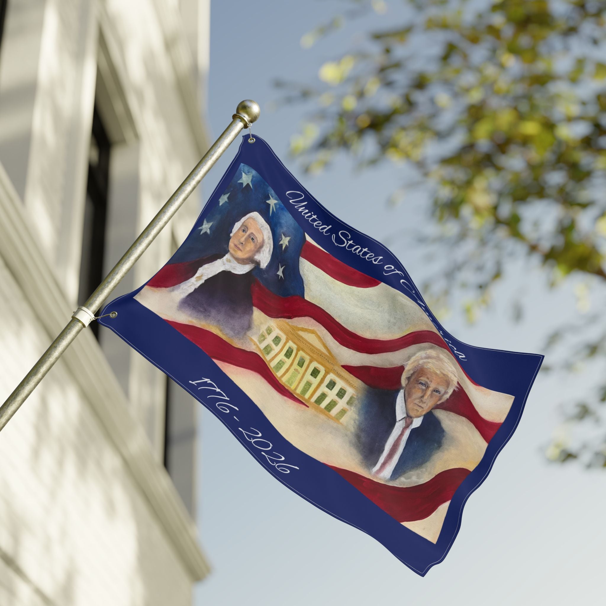 Patriotic Double-Sided Flag — George Washington & Donald Trump with White House