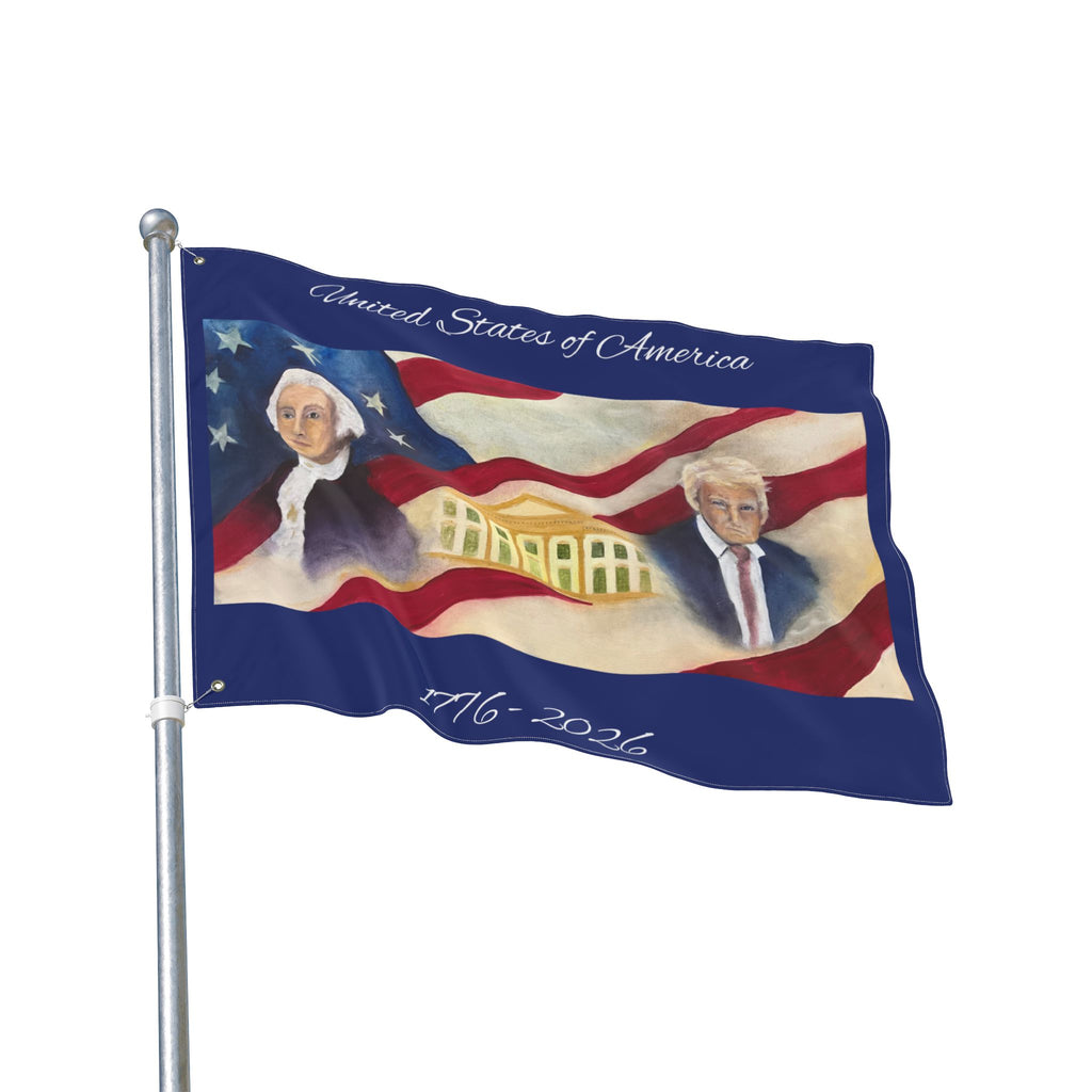 Patriotic Double-Sided Flag — George Washington & Donald Trump with White House