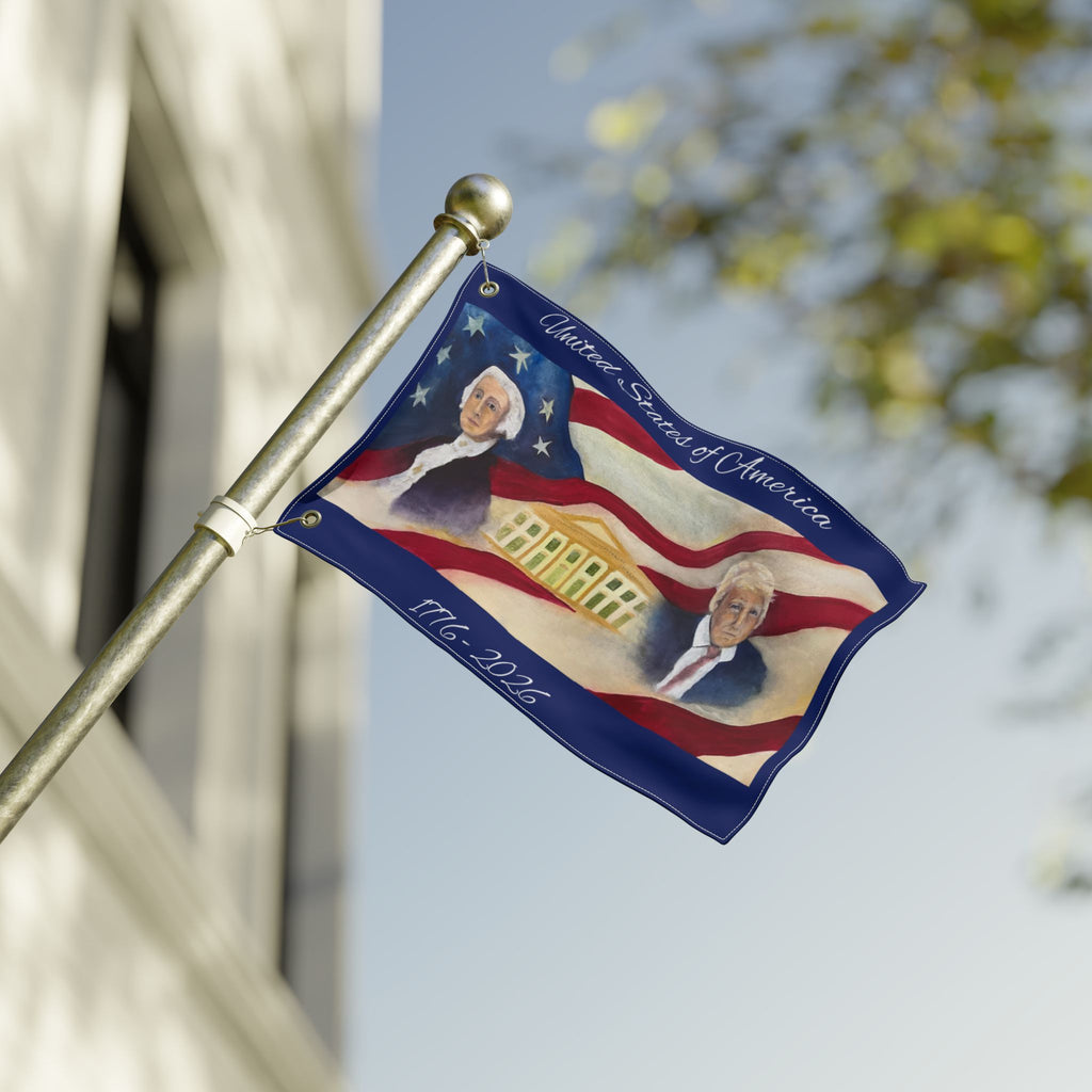Patriotic Double-Sided Flag — George Washington & Donald Trump with White House
