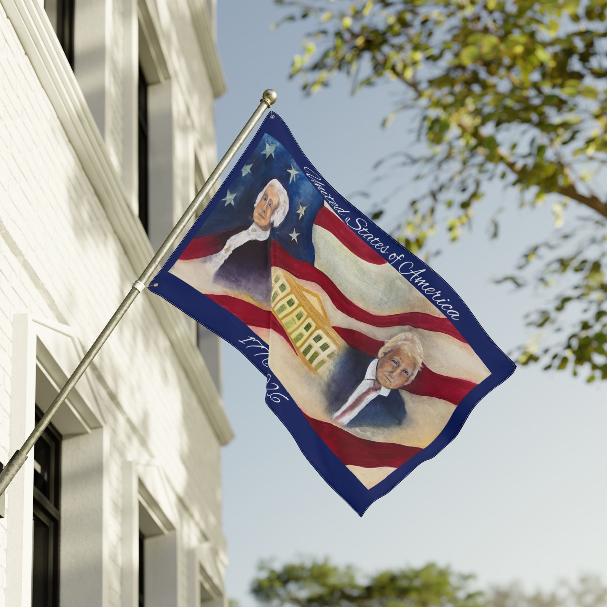 Patriotic Double-Sided Flag — George Washington & Donald Trump with White House