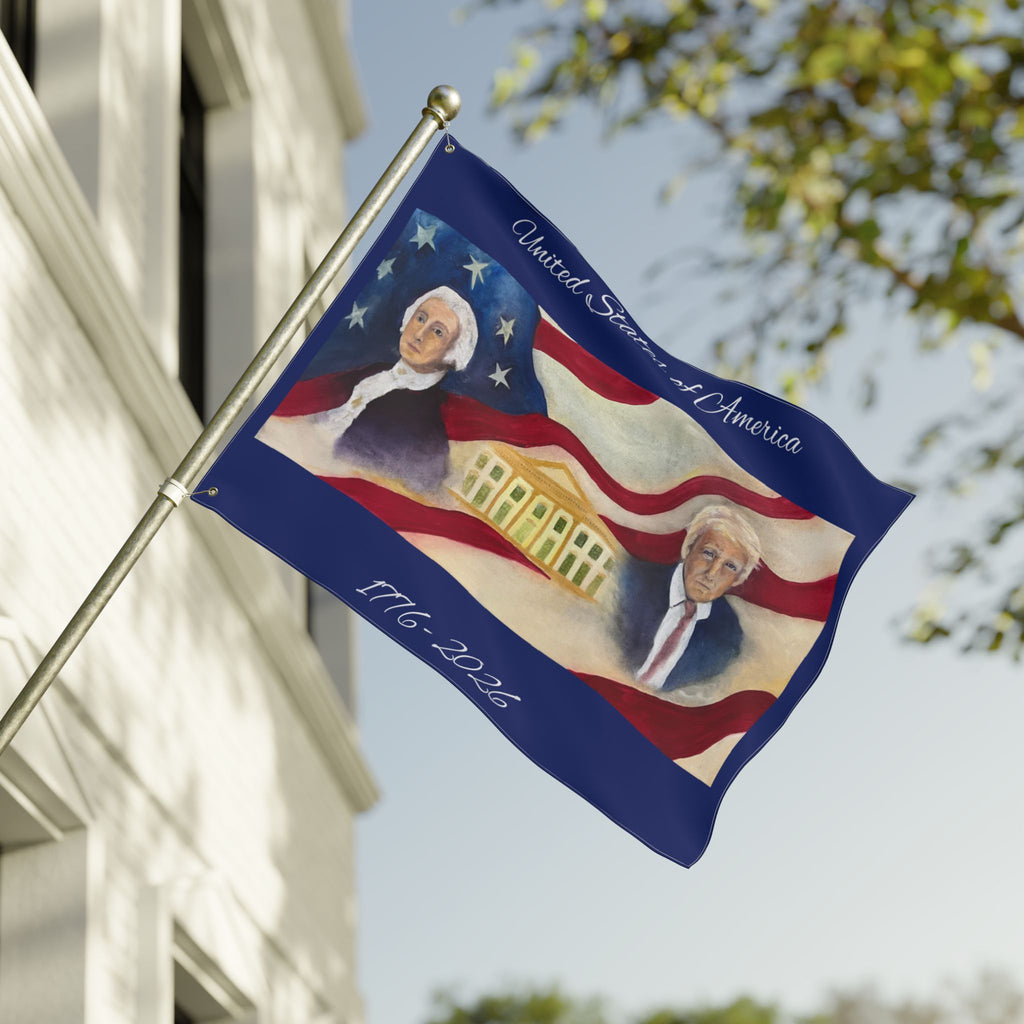 Patriotic Double-Sided Flag — George Washington & Donald Trump with White House