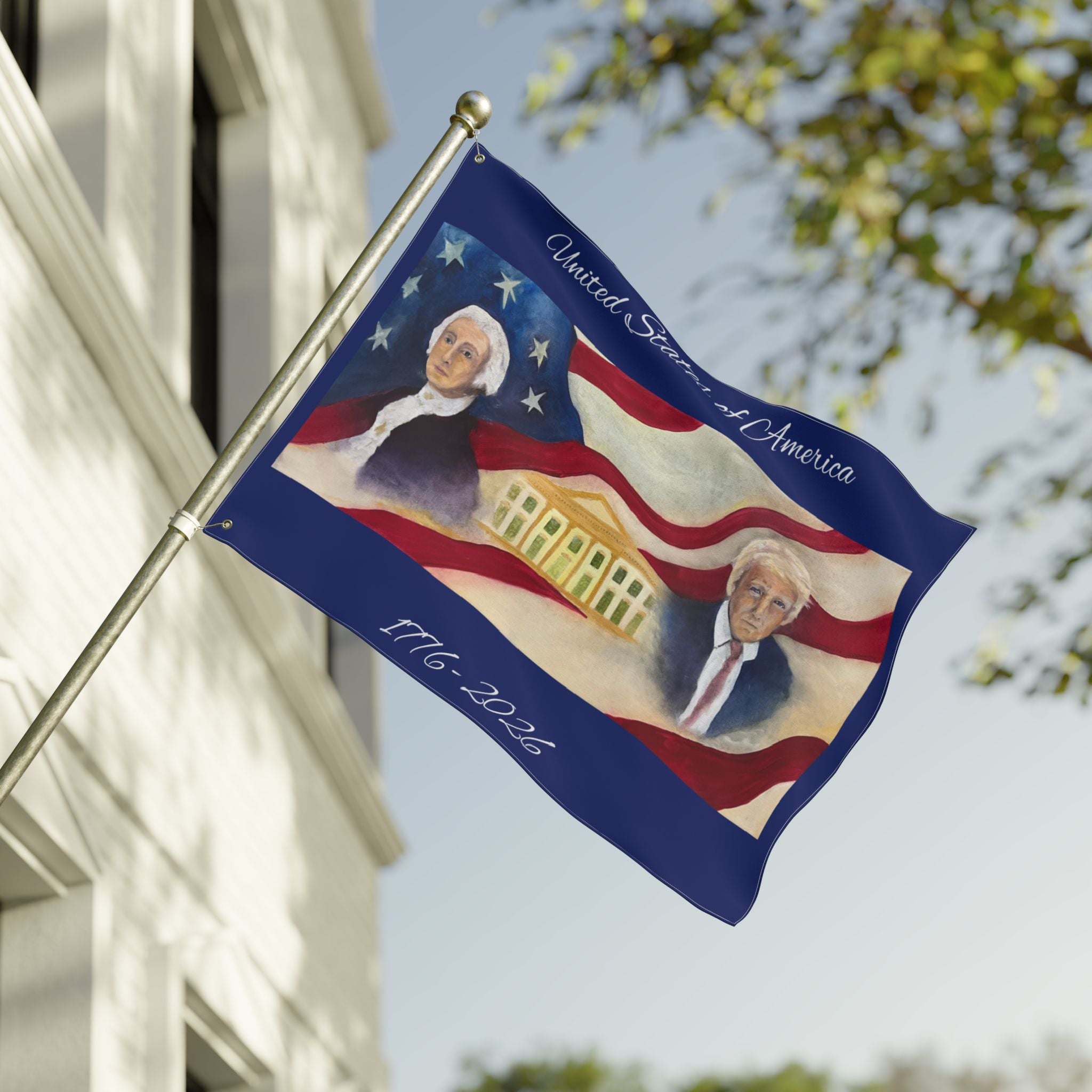 Patriotic Double-Sided Flag — George Washington & Donald Trump with White House
