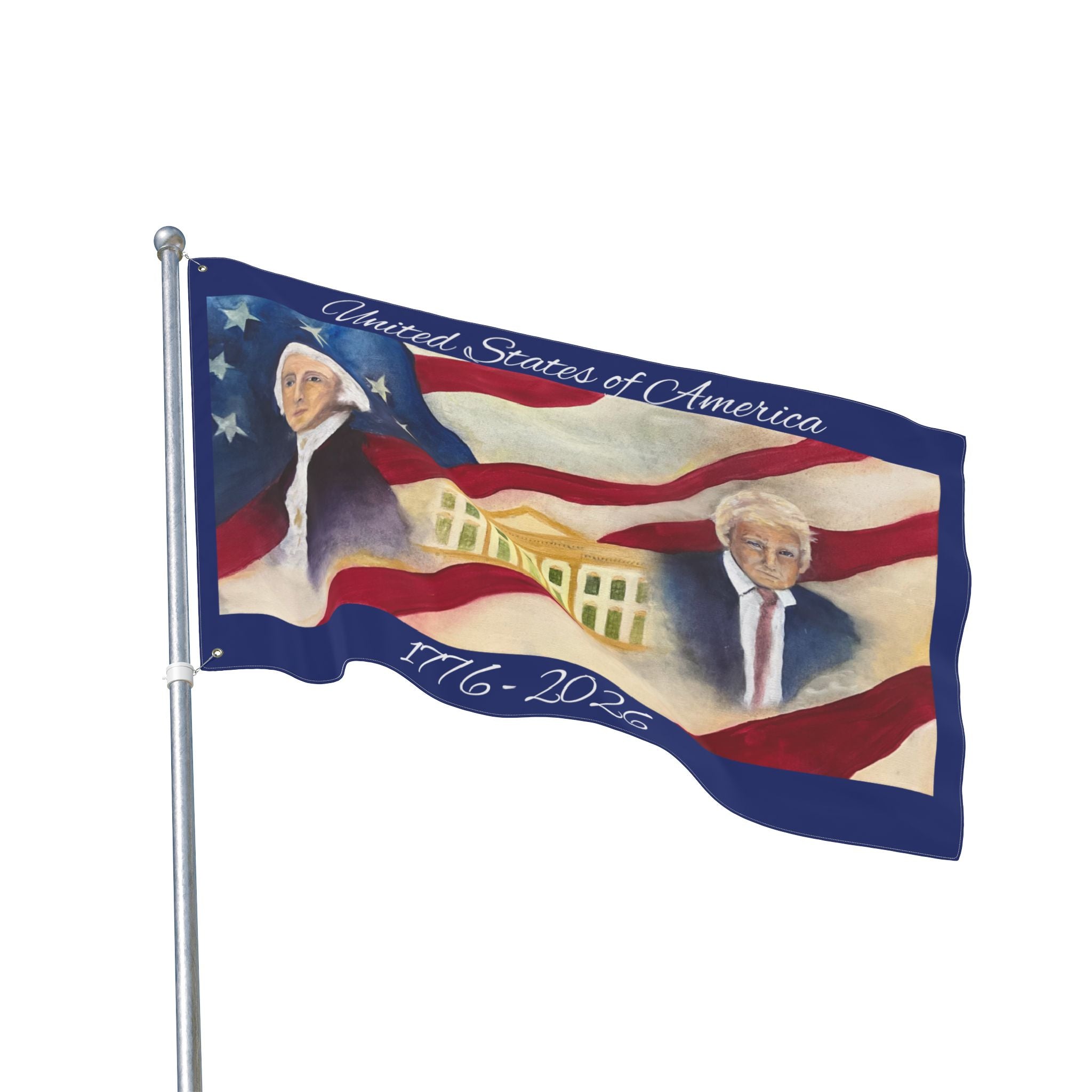 Patriotic Double-Sided Flag — George Washington & Donald Trump with White House
