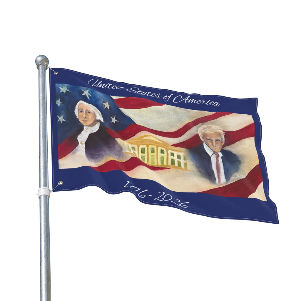Patriotic Double-Sided Flag — George Washington & Donald Trump with White House
